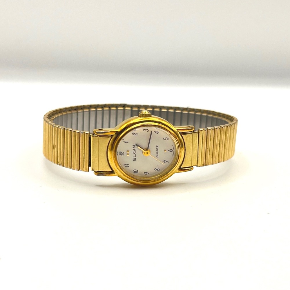 Elgin Ladies Quartz Watch Gold Tone Expansion Band White Dial EX118-009 Vintage